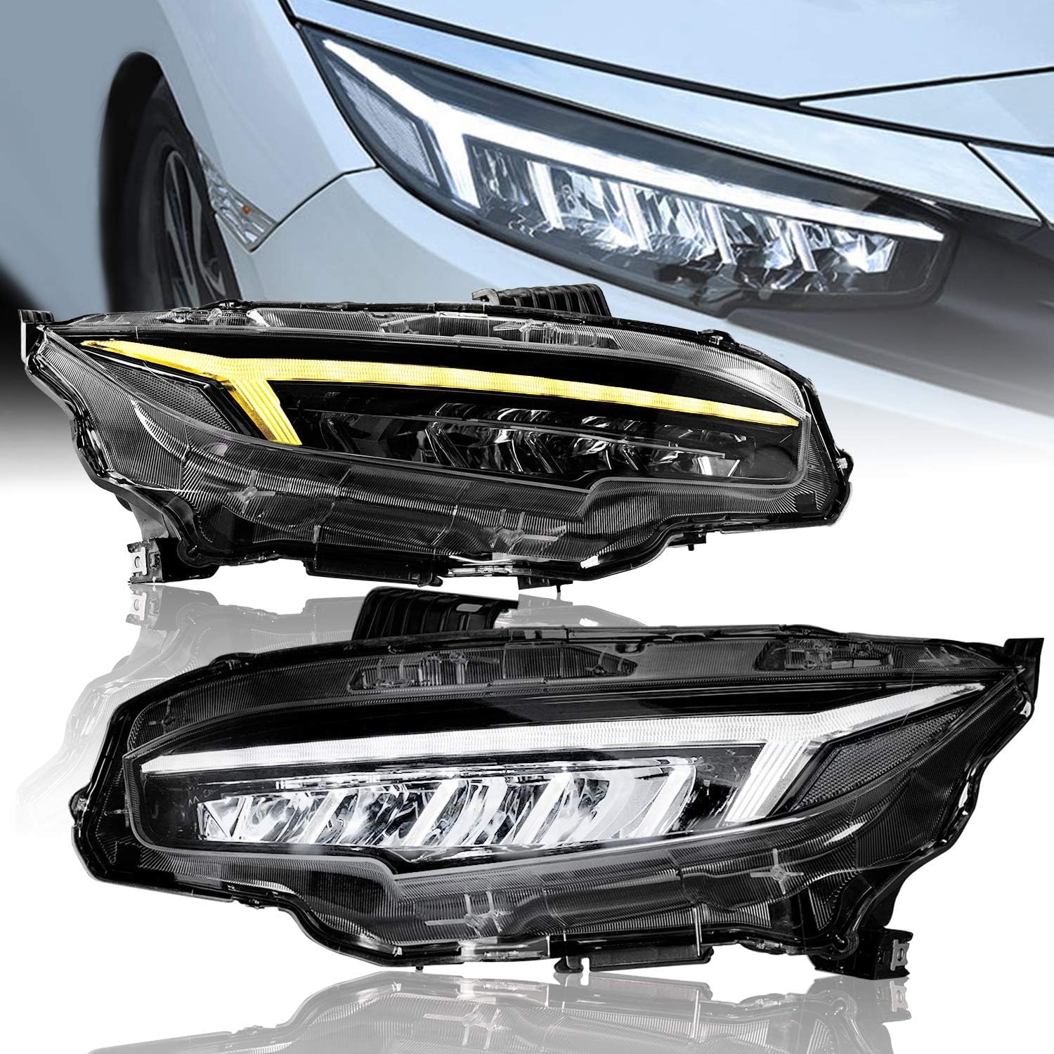 LED Reflector Style Headlight Set with Sequential Turn Signal for 2016-2021 10th Gen Honda Civic