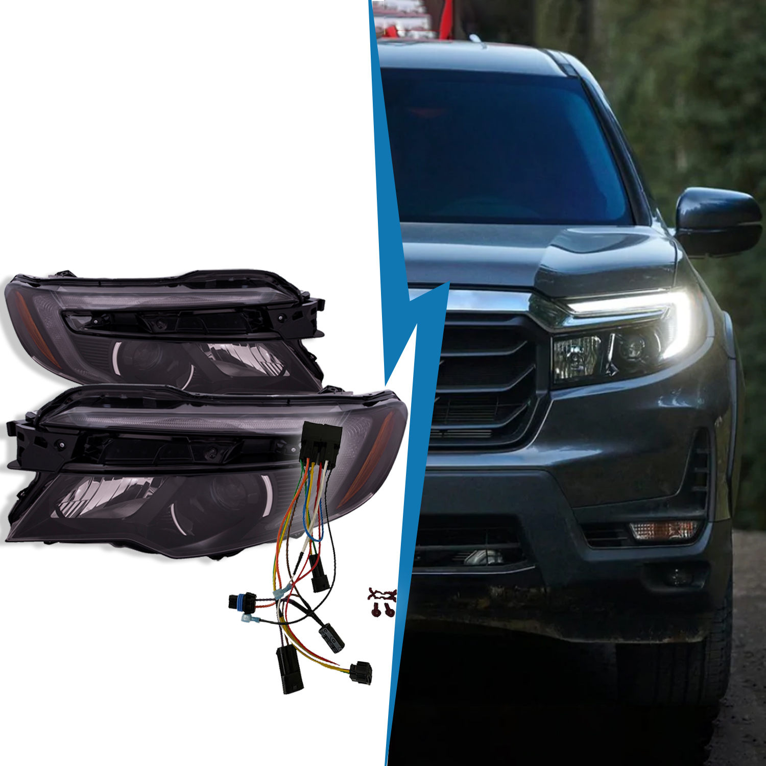 PERDE 16 22 Honda Pilot RidgeLine Passport Sport LED OE Style Headlight Conversion Set Black housing
