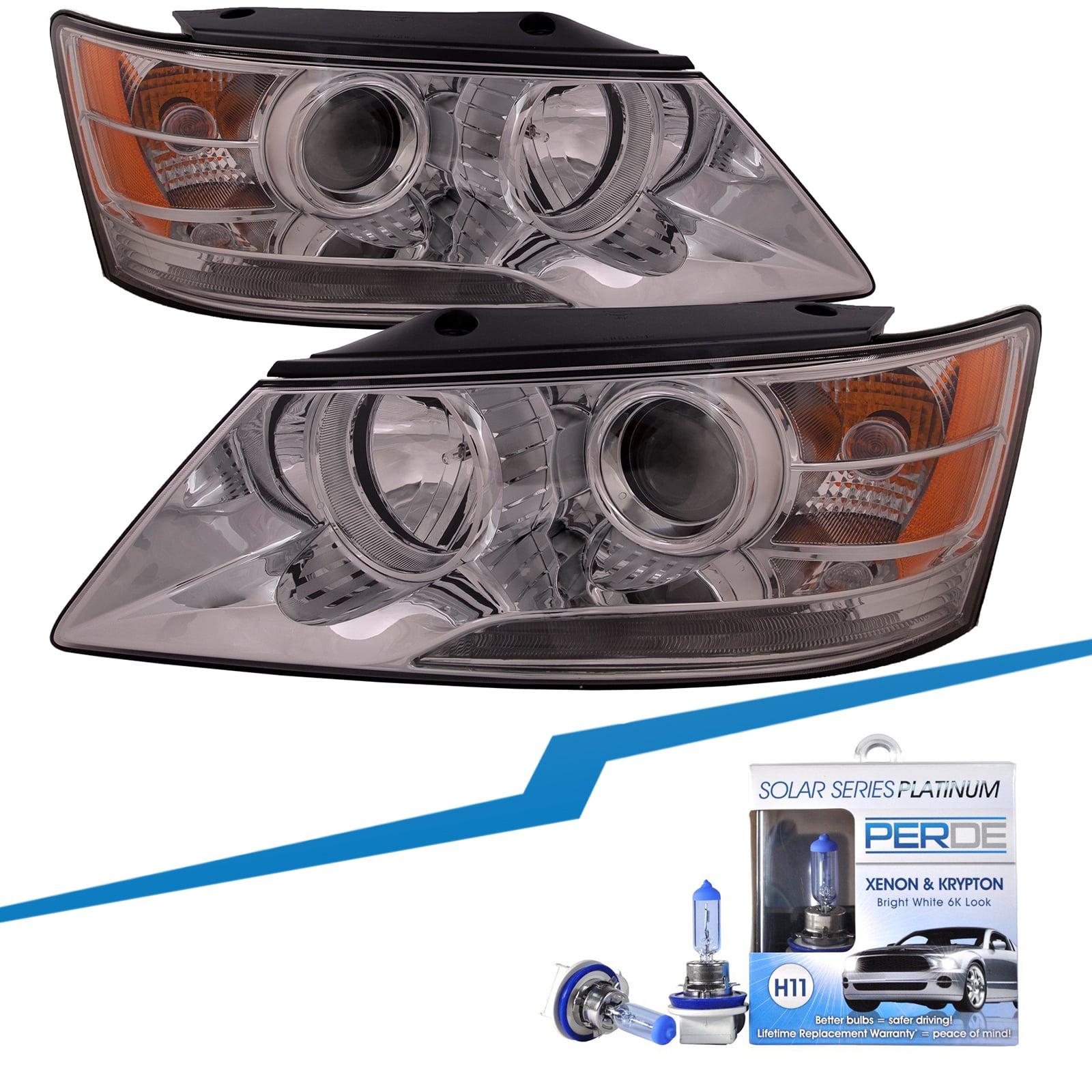 Par De Faros Delanteros Halógenos Cromados Para Hyundai Sonata (2015-2017) – Reemplazo Directo, Con Bombillas