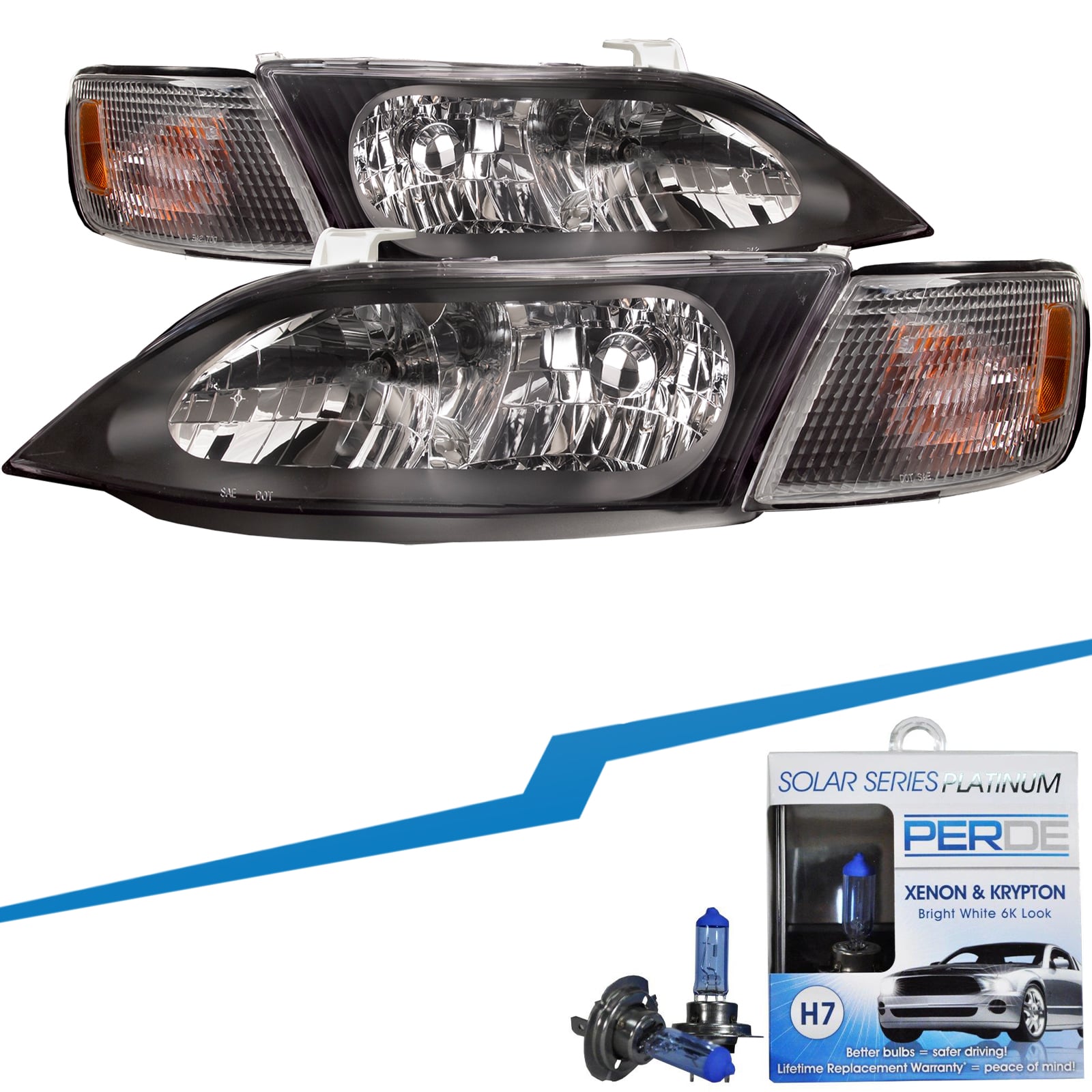 Headlights Halogen w/Corner Lights 4Pc Set Black Housing w/Clear Lens