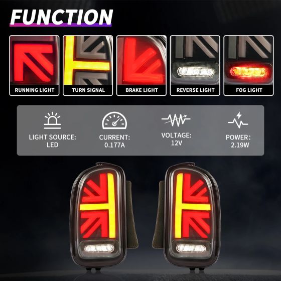LED Tail Light Set with Union Jack Style Smoked Lens for 2007-2014