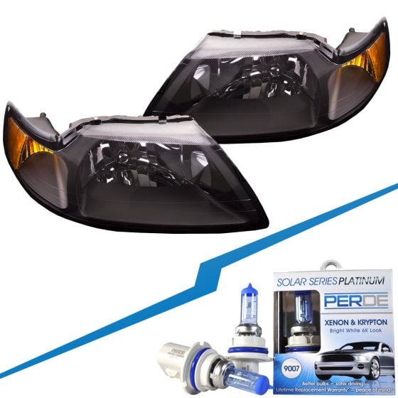 PERDE 99 04 Ford Mustang Performance Headlights Set Amber Side Markers Clear Lens Bulbs Included