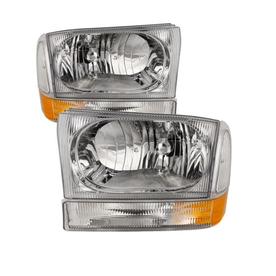 Chrome Halogen Headlights Fits Ford Excursion F250 Super Duty F350 F450 F550 99 04 Fluted Stock Style 4 Piece Set with Corners