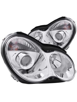 Chrome Housing Halogen Projector Headlights Compatible with Mercedes-Benz  C230 C240 C280 C320 2000-2007 4 Door Sedan Includes Left Driver and Right 