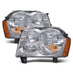 Headlights Fits Jeep Grand Cherokee 2005-2007 Includes Left Driver and Right Passenger Side Chrome Housing Halogen Headlamp