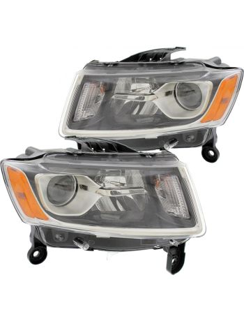 Headlights Set Halogen Chrome Bezel Std Type Right Left CAPA Certified Pair Fits 2014-2016 Jeep Grand Cherokee