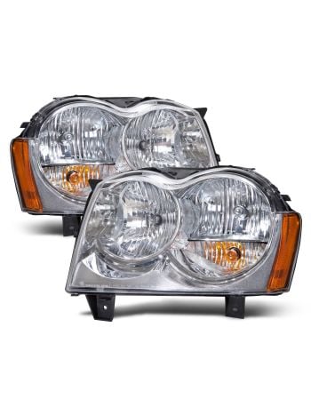 Headlights Fits Jeep Grand Cherokee 2005-2007 Includes Left Driver and Right Passenger Side Chrome Housing Halogen Headlamp